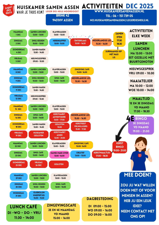 Activiteiten December Leger des Heils Huiskamer Samen Assen
