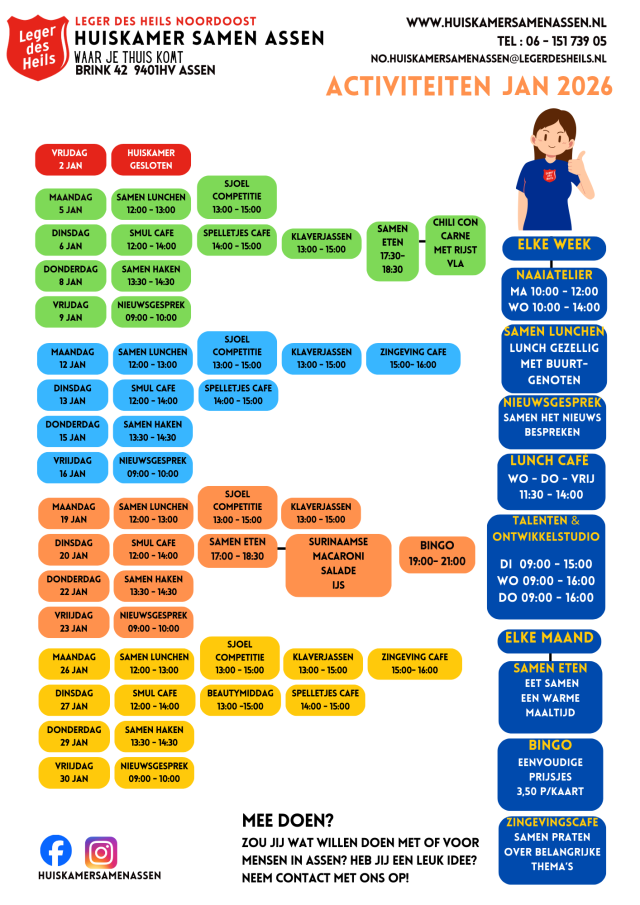 Activiteiten Januari Leger des Heils Huiskamer Samen Assen