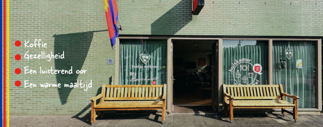 Foto van Leger des Heils Amsterdam zuid oost met de tekst: Koffie, Gezelligheid, Luisterend oor en warme maaltijd