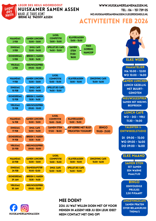 Activiteiten Februari Leger des Heils Huiskamer Samen Assen