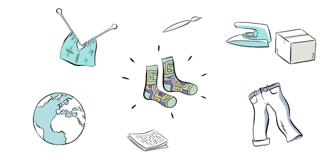 illustraties van sokken, breinaalden, een spijkerbroek en andere kleding-attributen