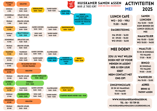 Activiteiten agenda Mei 2025 Leger des Heils Assen